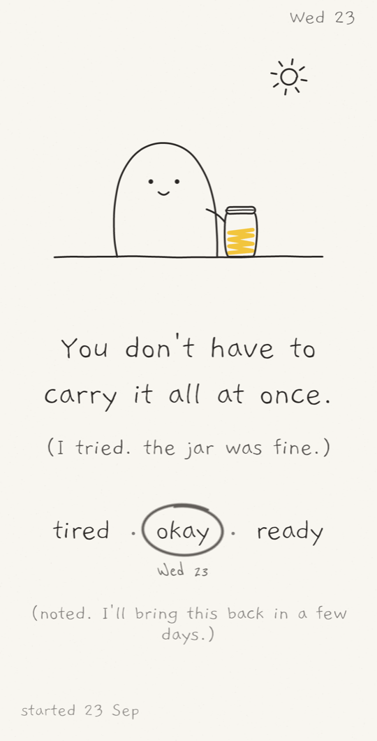 A Lightjar page: a creature beside a glowing jar, the line 'You don't have to carry it all at once.', and the word 'okay' circled in pencil, dated Wed 23.